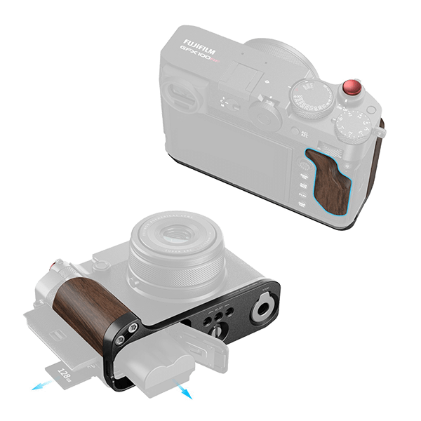 Akkufach-Zugang trotz montiertem SmallRig Handgriff bei GFX100RF in Schwarz