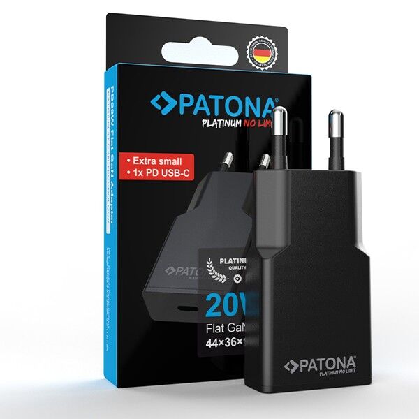 Flat USB-C charger from Patona in black, front view