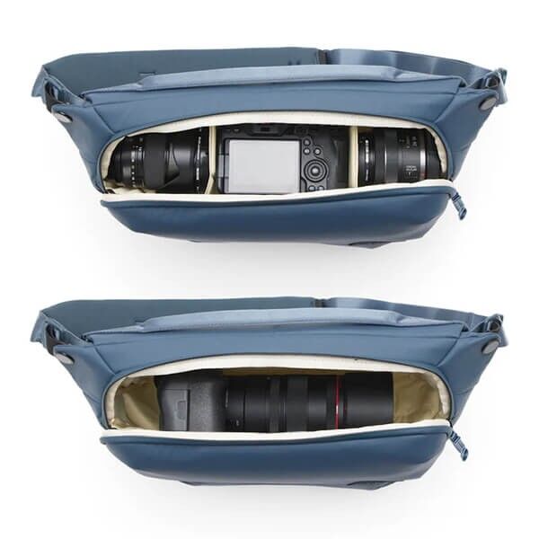 Peak Design Everyday Sling 10L Ocean camera bag, open from the top, with contents
