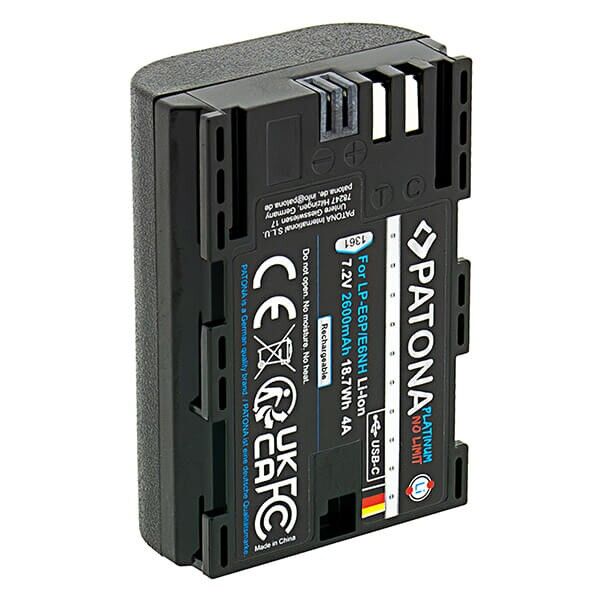 Akku Canon LP-E6NH mit USB-C Input von Patona stehend