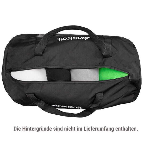 Westcott Aufbewahrungstasche für Hintergrundstoffe offen von oben mit stoffen