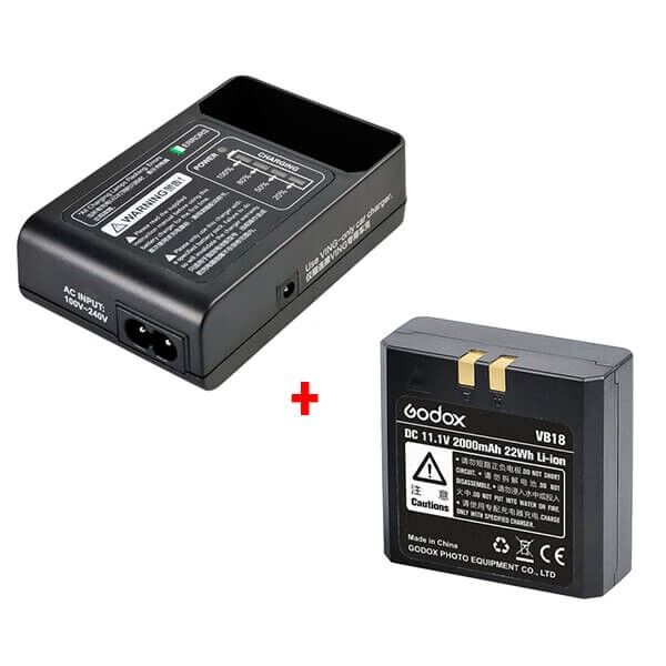 Godox VB-18 Li-ion battery with VC18 charger, front view