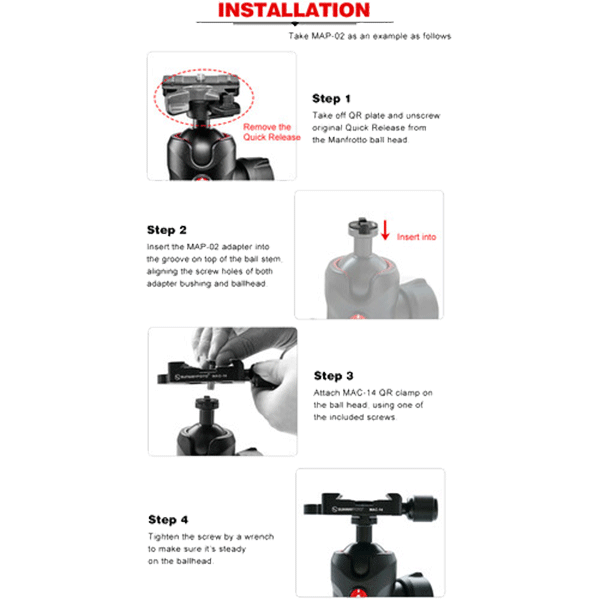 Schnellwechselklemme MAC-14T Arca und Manfrotto Sunwayfoto Details