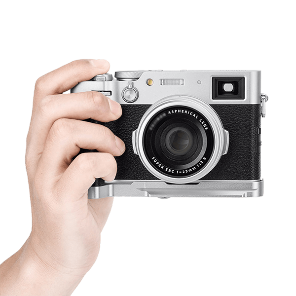 Camera grip for Fujifilm X100VI X100V and X100F in silver in hand