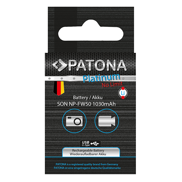 Akku Sony NP-FW50 mit USB-C Input von Patona Verpackung