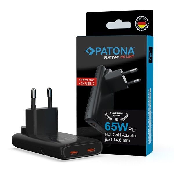 Flat USB-C charging adapter from Patona in black with two ports