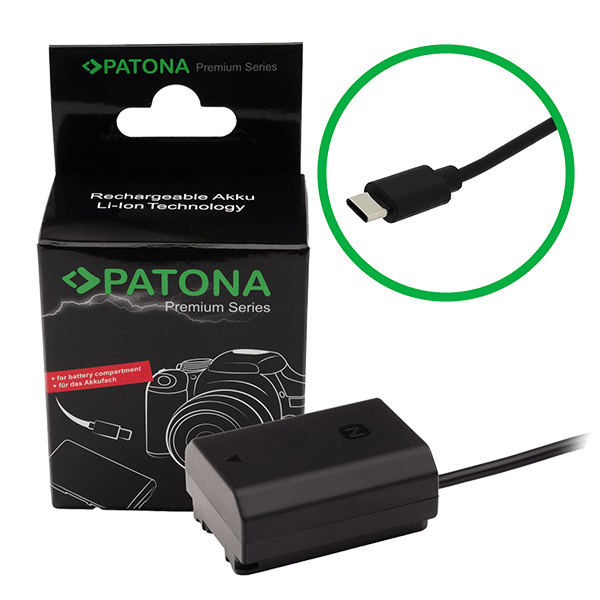 Front of the Patona power supply unit for Sony NP-FZ100 with USB-C connection