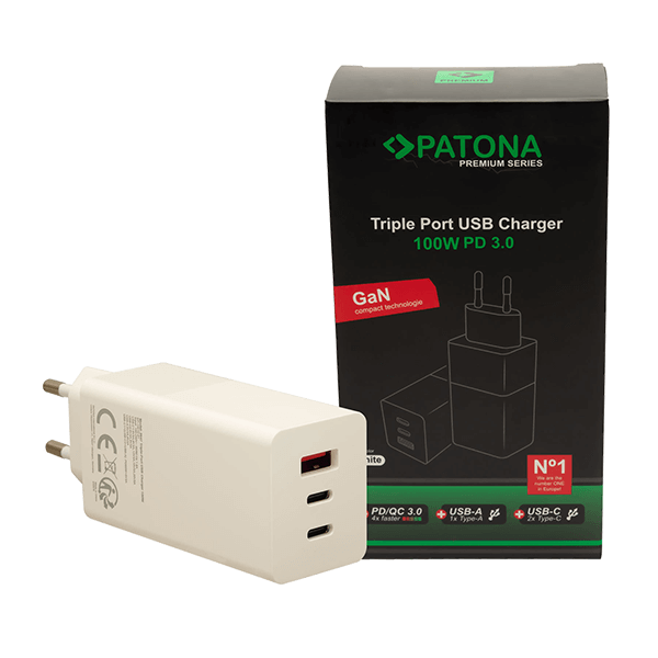 USB C Ladegerät GaN 100W mit 3 Port in Weiss von Patona