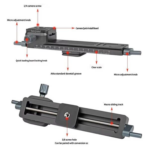 Makroschlitten für Makrofotografie mit Arca-Swiss Klemmung Detail