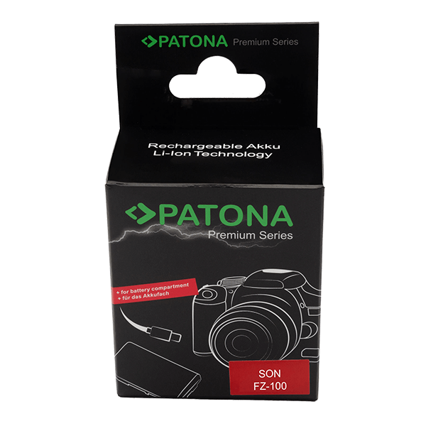 Front of the Patona power supply unit for Sony NP-FZ100 with USB-C connection packing