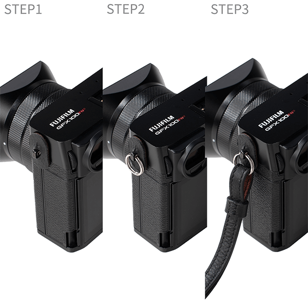 Seitenansicht des SmallRig Leather Case in Schwarz für Fujifilm GFX100RF - Montage Kameragurt