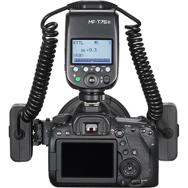 Godox MF-T76C Macro Flash for Canon with two flash heads – rear view Godox MF-T76C Macro Flash for Canon with two flash heads – rear view