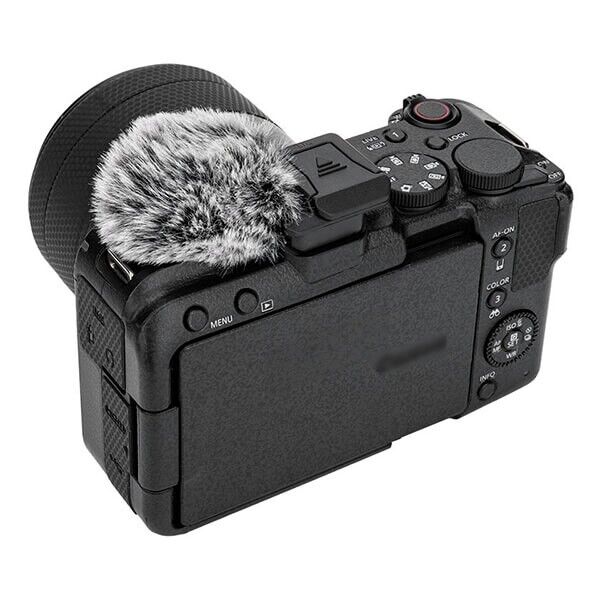 CSW-R50V wind muff mounted on Canon EOS R50 V camera, side view