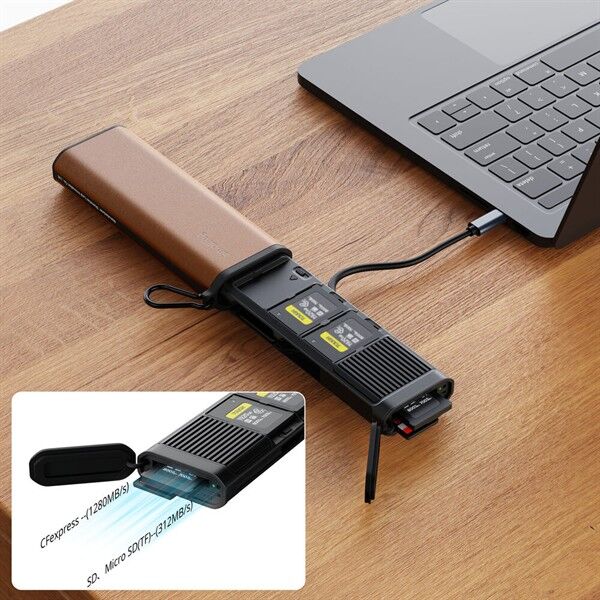 Smallrig Cfexpress Type B card reader case connected to laptop