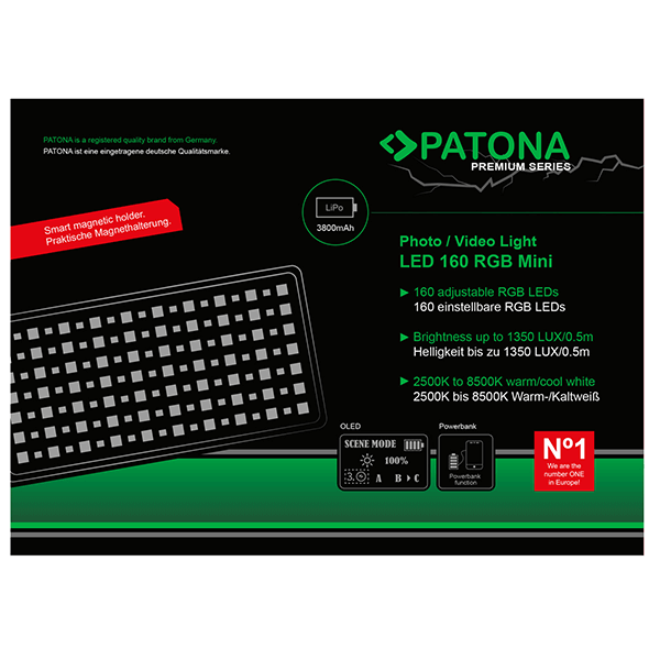 LED160 Foto und Videolicht mit Akku und RGB von Patona Verpackung