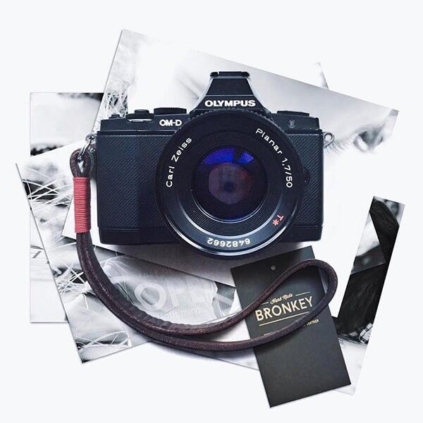Bronkey Tokyo 202 leather wrist strap attached to camera