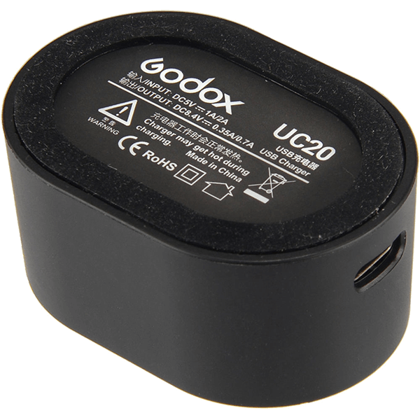 Close-up of the USB port on the Godox UC20 charger