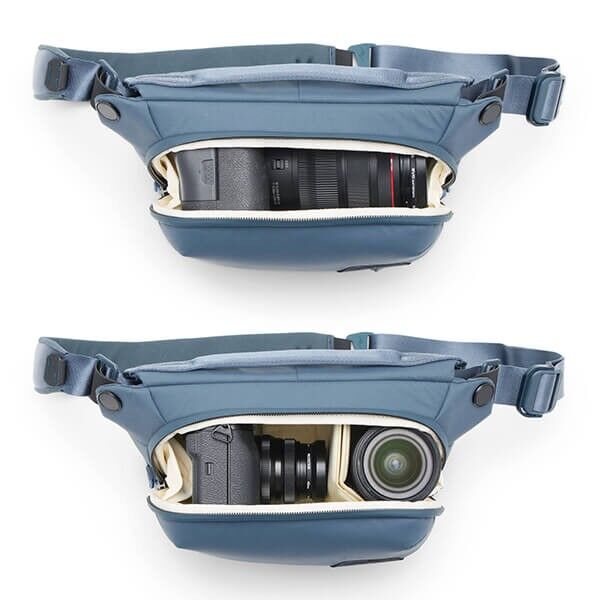 Peak Design Everyday Sling 3L Ocean camera bag, open, with cameras