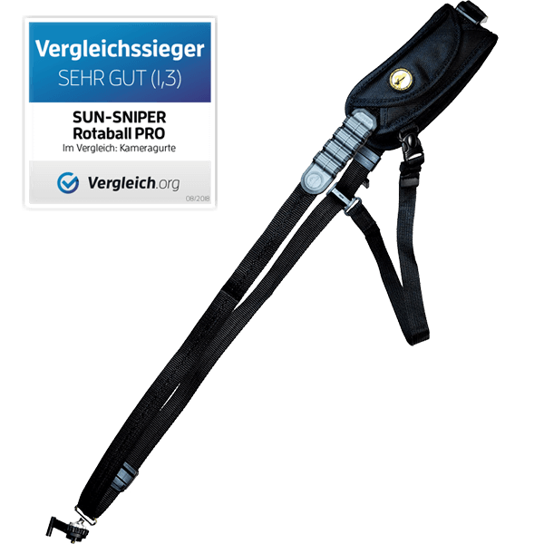 Kameragurt Sun Sniper Rotaball Pro in schwarz Vergleich mit Siegel