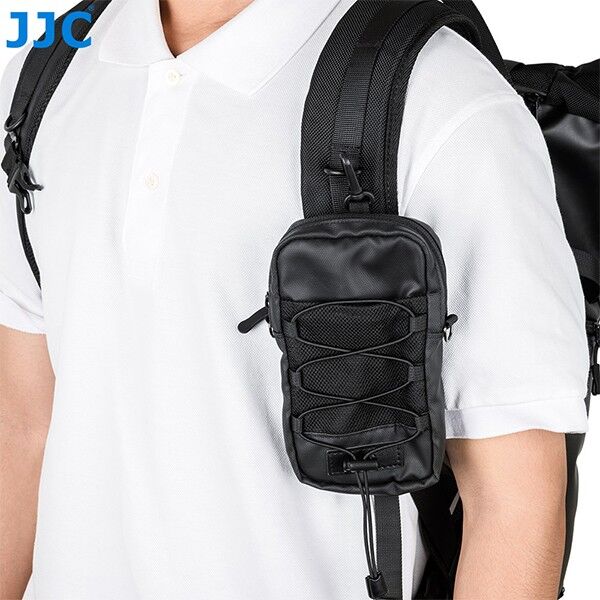 JJC Shoulder Strap Pouch attached to backpack