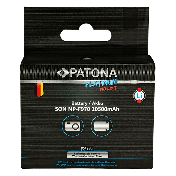 Akku Sony NP-F970 mit USB-C Input von Patona verpackung