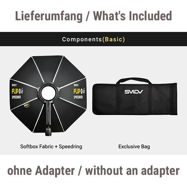 SMDV Softbox Flip 28 G – achteckige Softbox für Aufsteckblitz Lieferumfang
