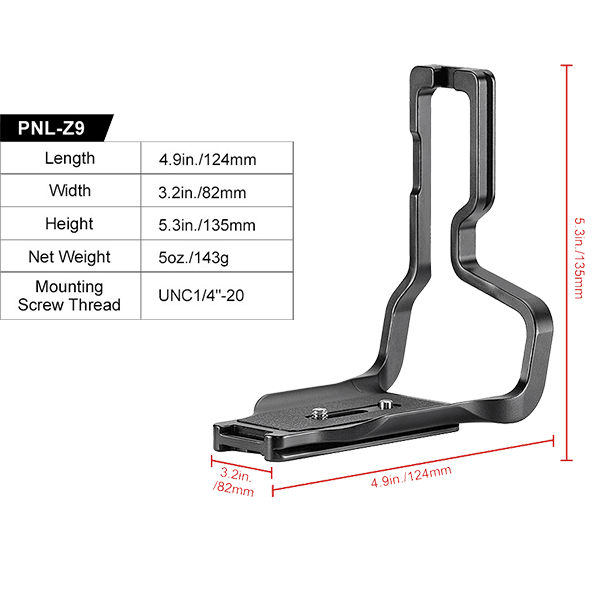 L-Winkel passend zu Nikon Z9 von Sunwayfoto Abmessungen