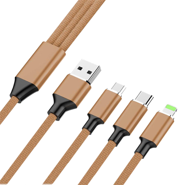 3in1 USB Charging Cable - Lightning - Micro USB - USB-C in brown detail