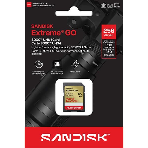 Packaging of the SanDisk Extreme Go SDXC 256GB memory card Packaging of the SanDisk Extreme Go SDXC 256GB memory card