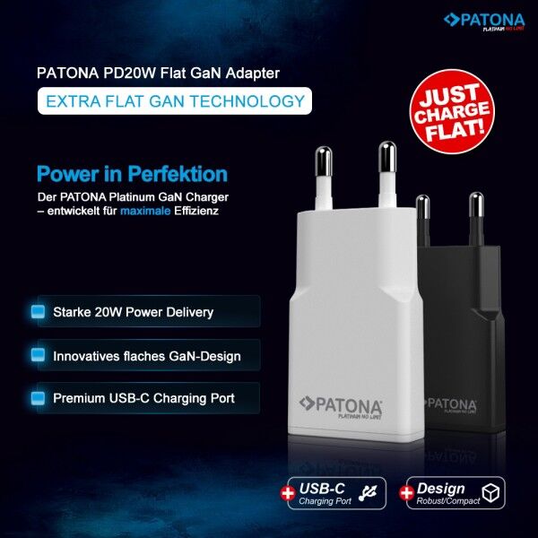 Compact Patona USB-C fast charging adapter with a flat design