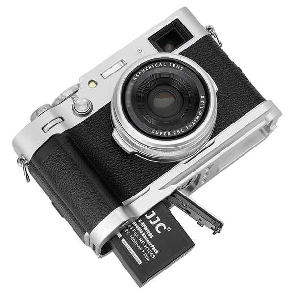 Camera grip for Fujifilm X100VI X100V and X100F in silver battery