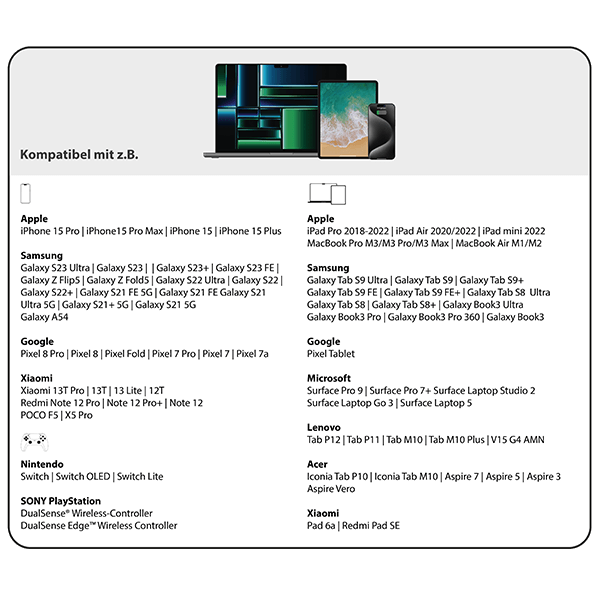 USB-C Ladekabel und Datenkabel in schwarz 200cm in anthrazit kompatibel zu folgenden Geräten