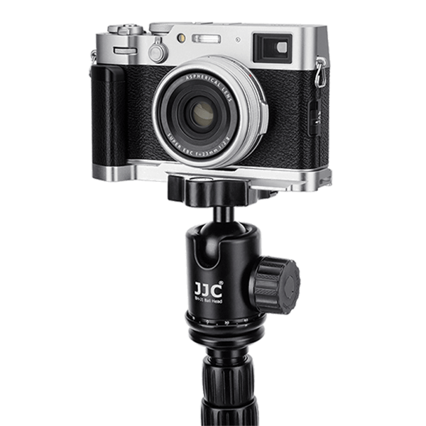 Camera grip for Fujifilm X100VI X100V and X100F in silver on tripod