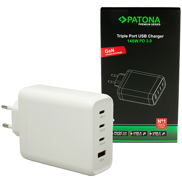 USB C Ladegert GaN 140W mit 4 Port in Weiss von Patona mit Verpackung Hoover