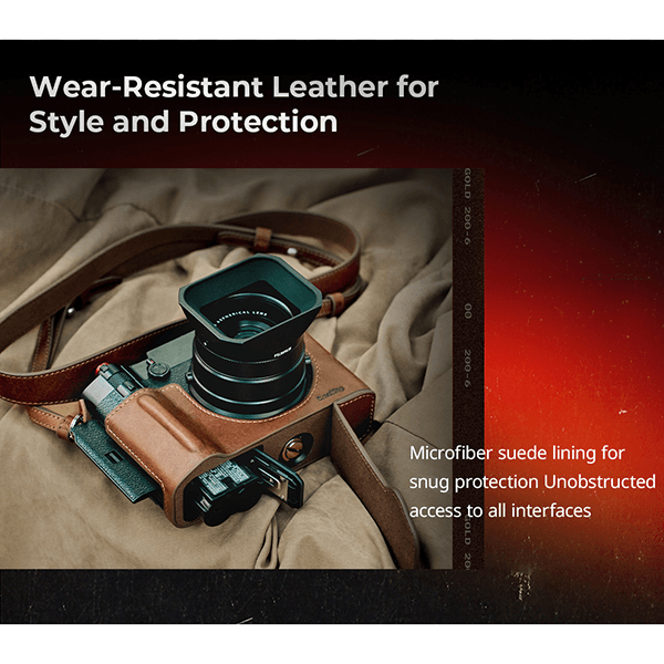 Seitenansicht des SmallRig Leather Case in Schwarz für Fujifilm GFX100RF - Akku Montage