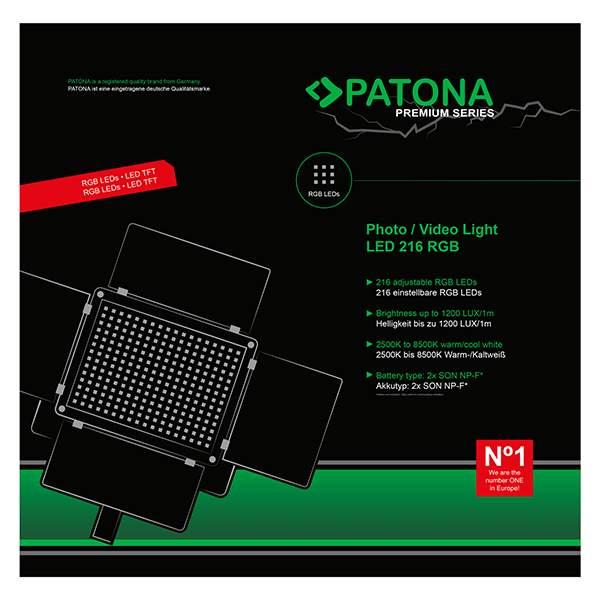 Patona photo and video light with 216 adjustable RGB LEDs packing