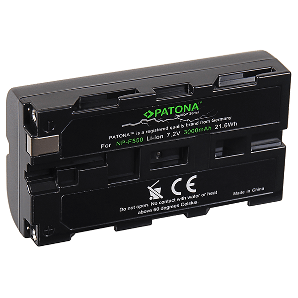 Akku für Sony NP-F550 von Patona Premium liegend mit Angaben
