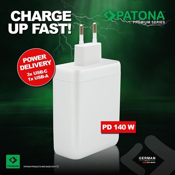 USB C charger GaN 140W with 4 port in white from Patona