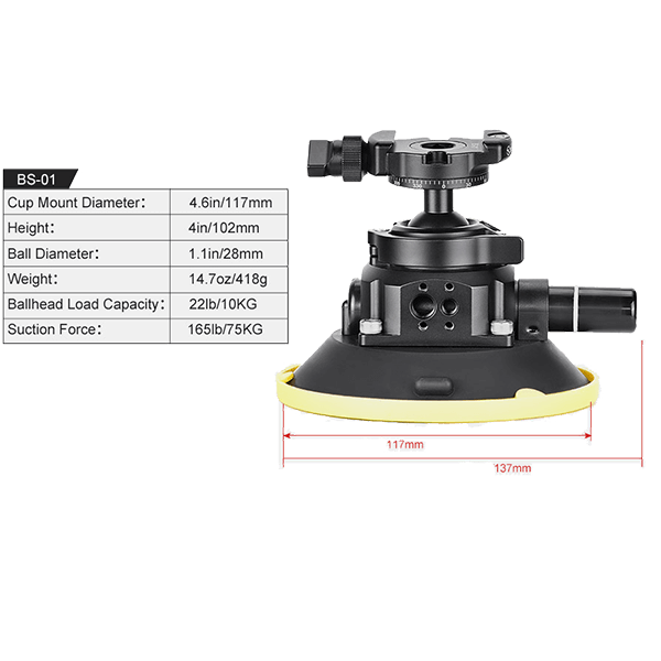Vacuum Suction Mount Ballhead Kit BS-01 from Sunwayfoto Dimension
