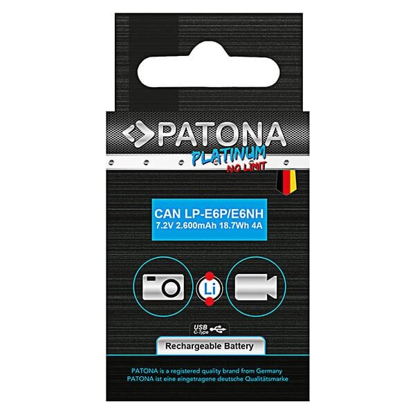 Canon LP-E6NH Akku mit USB-C-Eingang von Patona verpackung