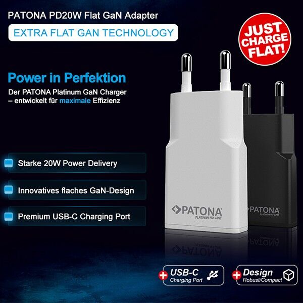 Flat USB-C charger from Patona in black and white Features