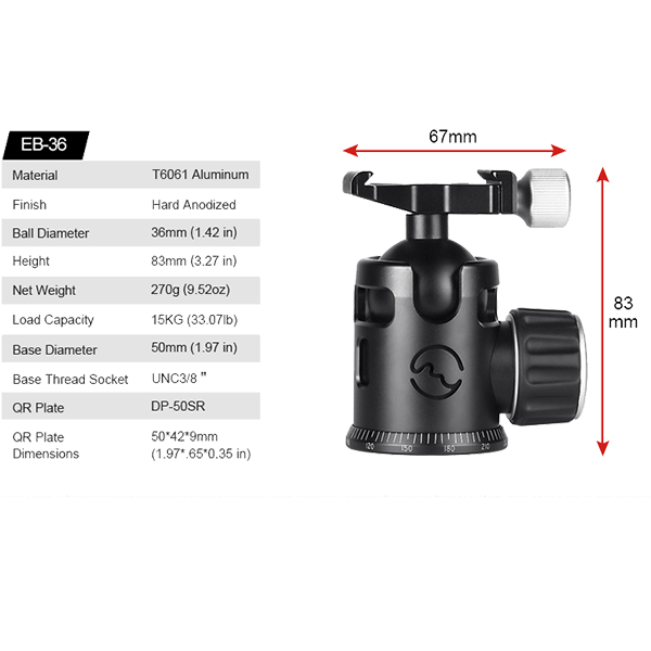 Kugelkopf Arca Swiss EB-36 mit Platte DP-50SR Sunwayfoto Kugelkopf Arca Swiss EB-36 mit Platte DP-50SR Sunwayfoto