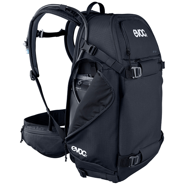 Fotorucksack Evoc CP 26 Liter in Schwarz seitlich mit Trinksystem