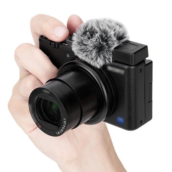 JJC Wind Muff for Sony ZV-E10 II in black on camera in hand