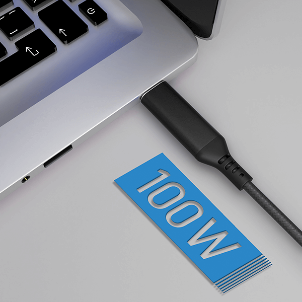 USB-C Ladekabel und Datenkabel in schwarz 200cm in anthrazit an Laptop