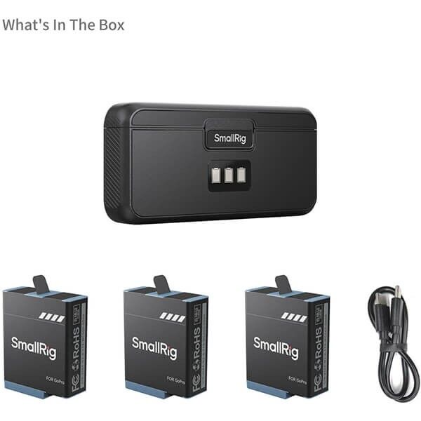 USB-C charging box with three batteries from SmallRig Scope of delivery