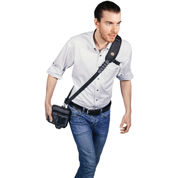 Kameragurt Sun Sniper Rotaball Pro in schwarz in Nutzung