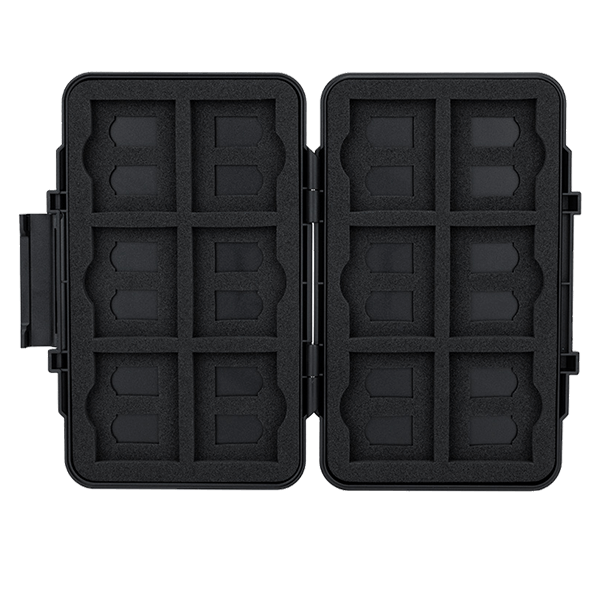 Open memory card case with card slots for CFexpress Typ B, XQD, and microSD cards