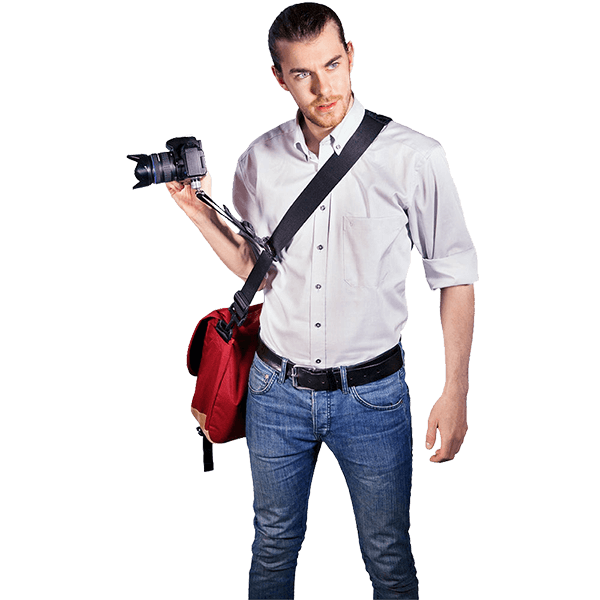 Sun-Sniper Rotaball Kameragurt für Messengertaschen in Anwendung