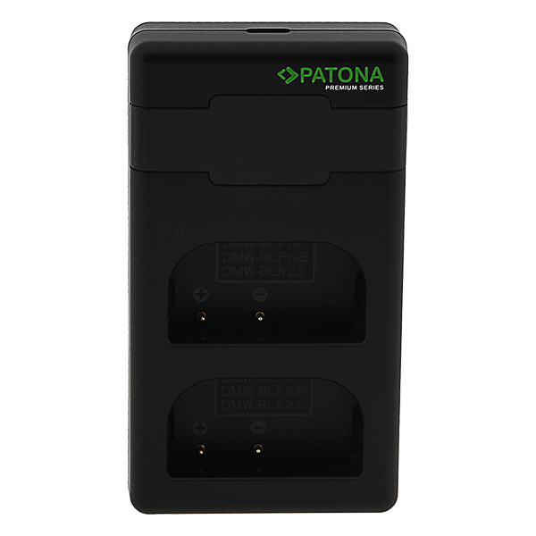 Doppel USB C Ladegerät zu Panasonic DMW-BLF19E und BLK22 stehend
